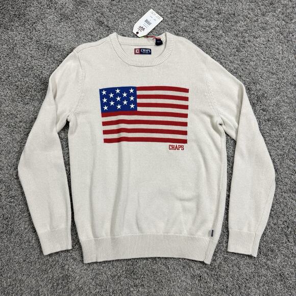 Chaps American Flag USA Sweater Men Oatmeal Heather Crewneck Size M - Picture 1 of 6